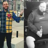 Przed i po: szczupły mężczyzna w kolorowej koszuli i jego dawna, duża waga.