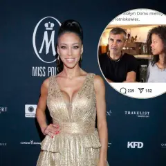 Davina Reeves i Ciara na gali Miss Polonia. W tle zdjęcie z programu "Biały Dom".