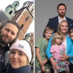 Dominika Chorosińska z mężem i dziećmi na tle Wawelu i w studiu. Rodzina prezentuje się radośnie.