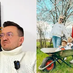 Kamil z uśmiechniętą rodziną, w tym dwójką dzieci w taczce, cieszy się wiosennym dniem.