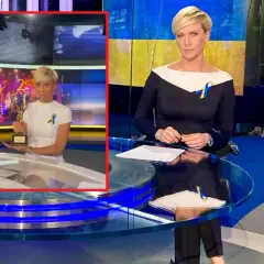 Dziennikarka TVN Fakty z nagrodą w studiu. W tle ekran z jubileuszem 25 lat.