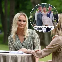 Magda z Rolnik szuka żony na spotkaniu. W tle zdjęcie z wesela, gdzie trzyma ją na rękach pan młody.