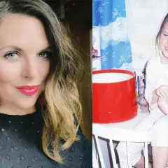 Ola Kwaśniewska: porównanie dorosłej kobiety z czerwonymi kolczykami i uśmiechniętego dziecka w piżamie.