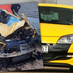 Żółty samochód po wypadku, w którym zginął syn Sylwii Peretti.