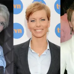 Trzy uśmiechnięte prezenterki TVN: po lewej w błękitnej koszuli, w środku w marynarce, po prawej w białej, z nagrodą.