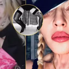 Madonna bez makijażu, w różowej sukience i z warkoczami. W okręgu widać jej nogi w pończochach i szpilkach.
