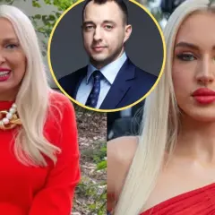 Katarzyna Nosowska i Caroline Derpienski w czerwonych kreacjach, w tle mężczyzna w garniturze.