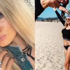 Pamela z Fit Lovers na plaży, w czarnym bikini i opasce na głowie. Obok niej mężczyzna w akrobatycznej pozie.