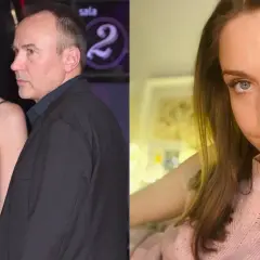 Julia Kamińska z partnerem na gali. Uśmiechnięta aktorka w różowym sweterku i ujęcie z wydarzenia.