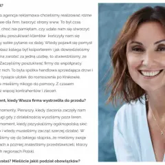 Uśmiechnięta Anna Izydorek Brzoska, z brązowymi włosami i w jasnej bluzce, opowiada o początkach swojej firmy.