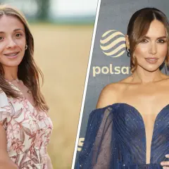 Wiktoria Żmuda Trzebiatowska w sukni w kwiaty i w eleganckiej kreacji.