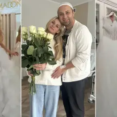 Anita ze "Ślub od pierwszego wejrzenia" w salonie sukien ślubnych. Widać ją w pięknej sukni, z bukietem róż i z partnerem.