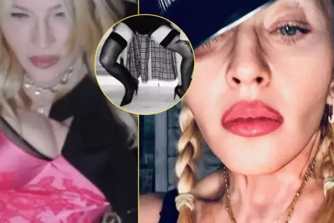 Madonna bez makijażu, w różowej sukience i z warkoczami. W okręgu widać jej nogi w pończochach i szpilkach.