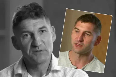 Elvis z "Chłopaki do wzięcia" w zbliżeniu. Mężczyzna o krótkich włosach i zmęczonym spojrzeniu.