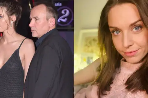 Julia Kamińska z partnerem na gali. Uśmiechnięta aktorka w różowym sweterku i ujęcie z wydarzenia.