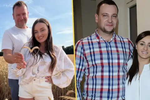 Ania z Rolnik szuka żony i jej partner w polu pszenicy, trzymający kłosy w kształcie serca. Obok para w pomieszczeniu.