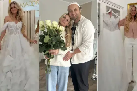 Anita ze "Ślub od pierwszego wejrzenia" w salonie sukien ślubnych. Widać ją w pięknej sukni, z bukietem róż i z partnerem.