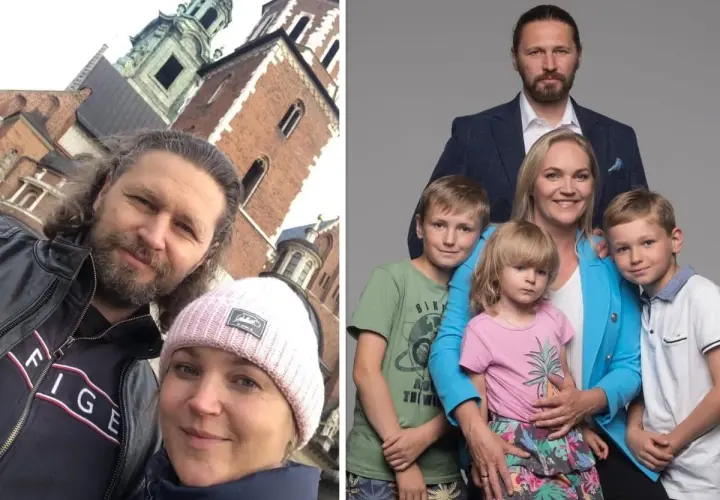Dominika Chorosińska z mężem i dziećmi na tle Wawelu i w studiu. Rodzina prezentuje się radośnie.