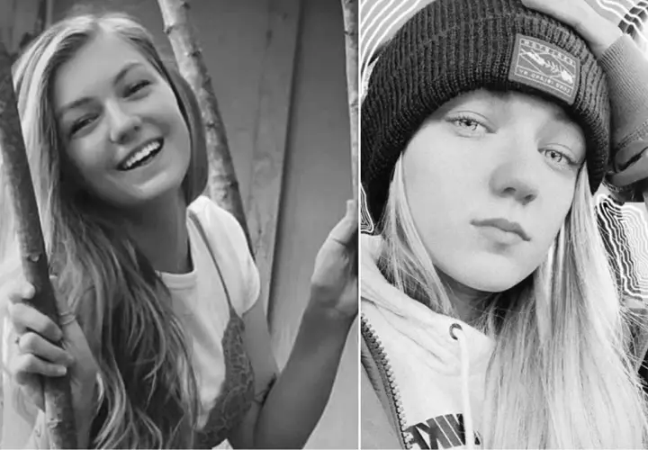 Dwie fotografie Gabby Petito: uśmiechnięta na tle drzew i w czapce z daszkiem.