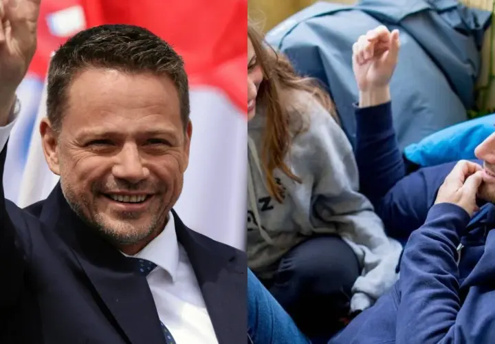Rafał Trzaskowski, znany z tego, że ma dwoje dzieci, pozdrawia tłum. Obok widać jego dzieci.
