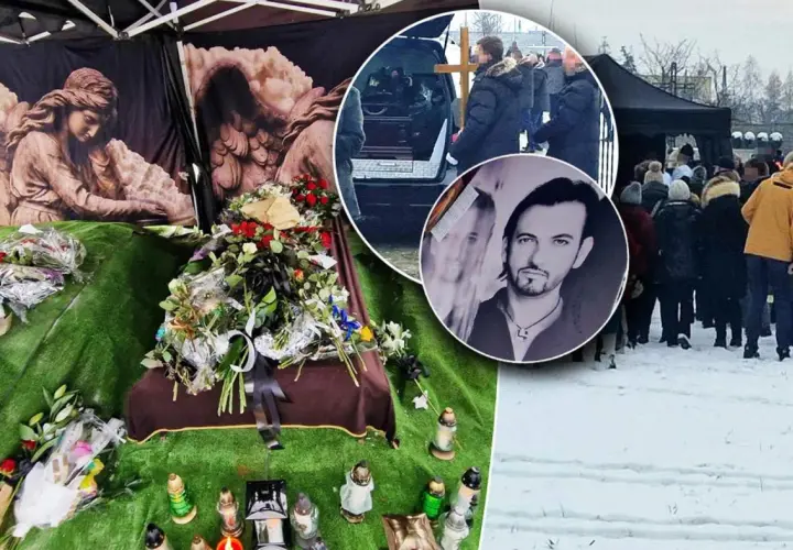 Uroczystość pogrzebowa Gabriela Seweryna. Wieniec, znicze i portret zmarłego. Tłum żałobników w zimowej scenerii.