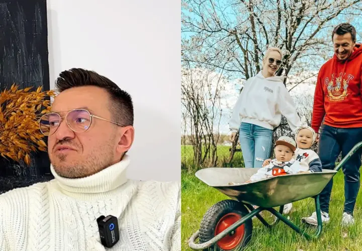 Kamil z uśmiechniętą rodziną, w tym dwójką dzieci w taczce, cieszy się wiosennym dniem.