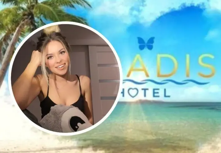 Uśmiechnięta Inga marzy o wakacjach w Hotel Paradise. Tropikalna plaża i palmy w tle.