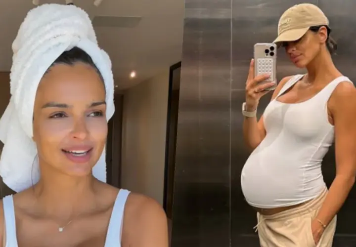 Klaudia El Dursi w ciąży, z ręcznikiem na głowie i w białej bluzce, a obok selfie z widocznym brzuszkiem ciążowym.