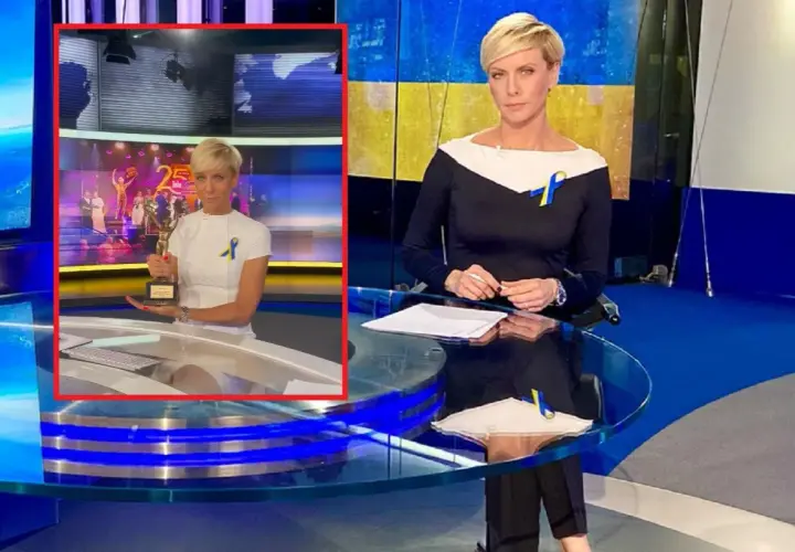 Dziennikarka TVN Fakty z nagrodą w studiu. W tle ekran z jubileuszem 25 lat.