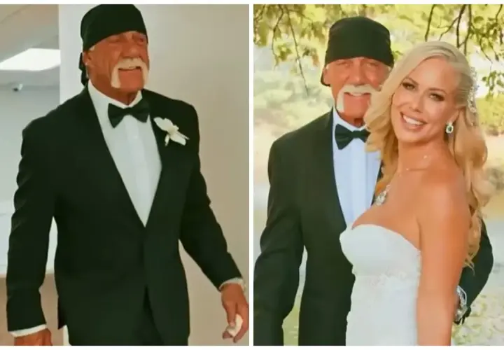 Hulk Hogan w czarnym smokingu i z charakterystyczną opaską na głowie, uśmiecha się obok panny młodej. To jego strefa komfortu, pełna radości.