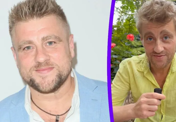 Tomasz Jakubiak, znany z programów kulinarnych, w dwóch odsłonach. W jasnej marynarce i z zawieszką, a obok w żółtej koszuli, z uśmiechem i w otoczeniu natury.