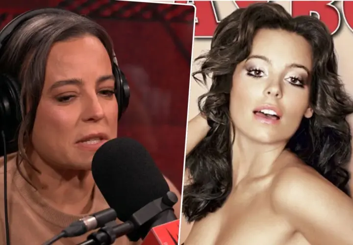 Anna Mucha w słuchawkach przy mikrofonie obok okładki magazynu Playboy z jej zdjęciem.
