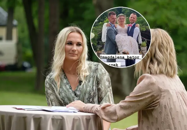 Magda z Rolnik szuka żony na spotkaniu. W tle zdjęcie z wesela, gdzie trzyma ją na rękach pan młody.