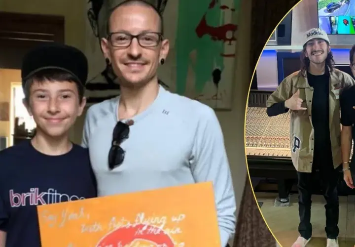 Chester Bennington z synem, trzymający plakat z tekstem piosenki. Obok dwaj mężczyźni w studiu nagraniowym.
