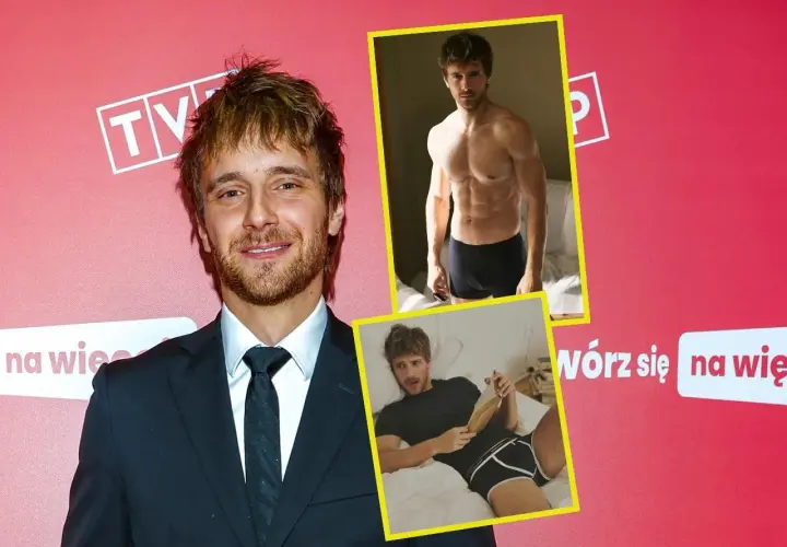 Maciej Musiał wzrost. Aktor w garniturze i dwie wstawki z sesji w bieliźnie.