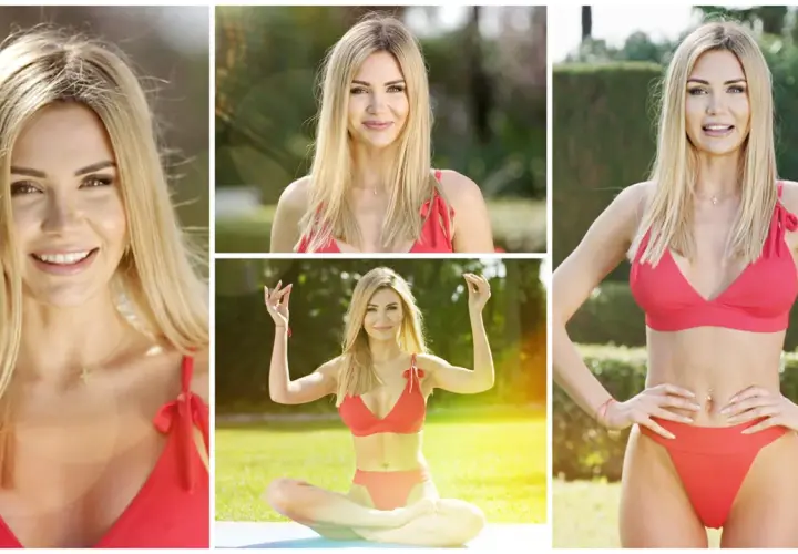 Angela z Love Island w czerwonym bikini, uśmiechnięta i w pozie medytacyjnej na tle zieleni.