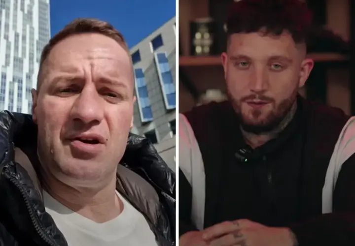 Tomasz C, youtuber i patostreamer, w dwóch ujęciach. Na jednym stoi na zewnątrz, na drugim siedzi przed kamerą.