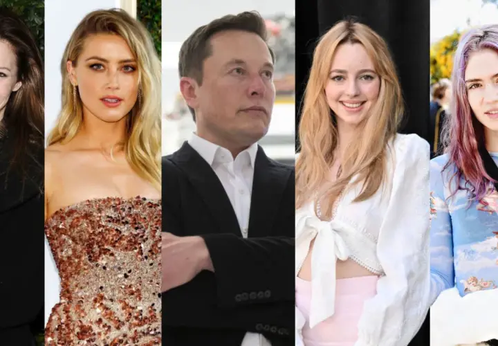 Elon Musk z żonami i partnerkami: Talulah Riley, Amber Heard, Grimes.