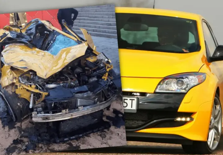Żółty samochód po wypadku, w którym zginął syn Sylwii Peretti.