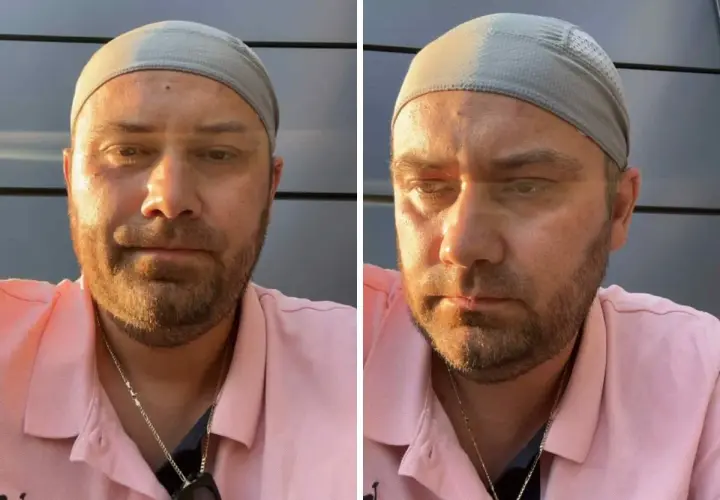 Adrian ze ślubu od pierwszego wejrzenia w różowej koszulce polo i szarej opasce na głowie.