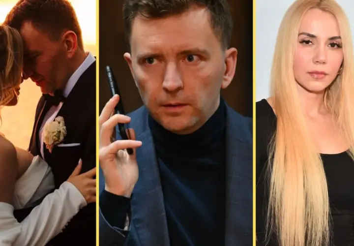 Łukasz Schreiber z pierwszą żoną na ślubnym kobiercu, w środku z telefonem, obok blondynka.