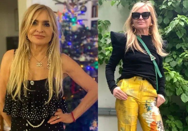 Monika Olejnik w dwóch stylizacjach. Po lewej w czarnej sukience i perłach, po prawej w żółtych spodniach i czarnej bluzce z poduszkami na ramionach.