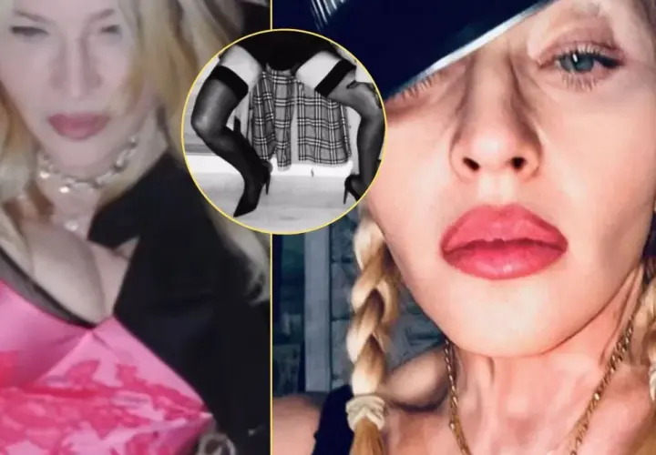 Madonna bez makijażu, w różowej sukience i z warkoczami. W okręgu widać jej nogi w pończochach i szpilkach.