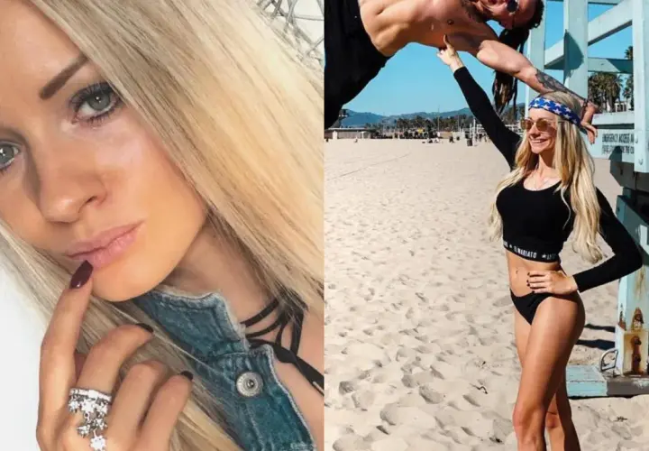Pamela z Fit Lovers na plaży, w czarnym bikini i opasce na głowie. Obok niej mężczyzna w akrobatycznej pozie.