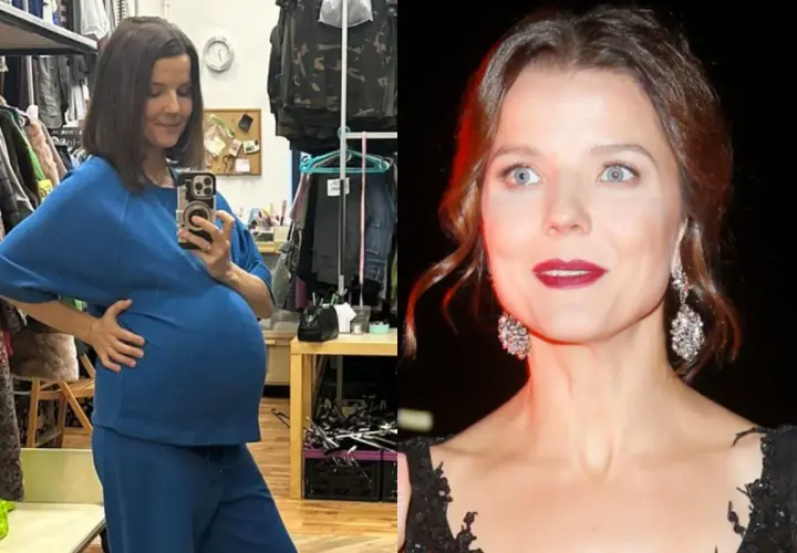 Joanna Jabłczyńska w zaawansowanej ciąży, z dłonią na brzuchu, obok jej twarz w eleganckiej kreacji.