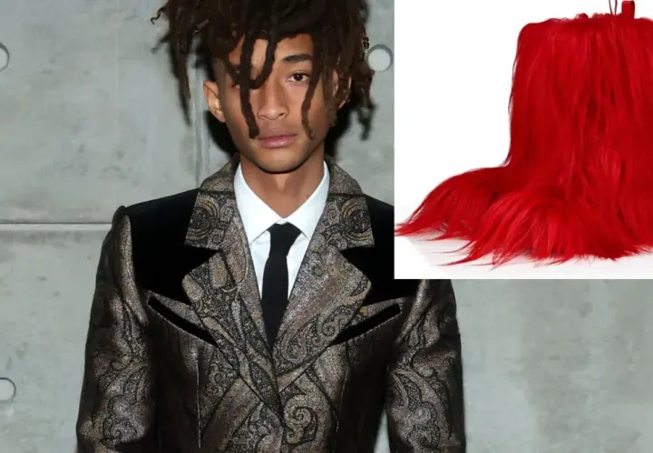 Jaden Smith, syn Willa Smitha, w ekstrawaganckim garniturze obok jaskrawoczerwonych, futrzanych butów.