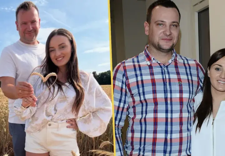 Ania z Rolnik szuka żony i jej partner w polu pszenicy, trzymający kłosy w kształcie serca. Obok para w pomieszczeniu.