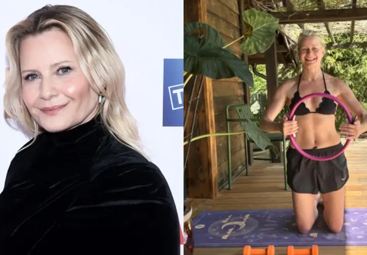 Małgorzata Kożuchowska wiek nie przeszkadza w aktywności fizycznej. Aktorka ćwiczy z hula-hop na tarasie.