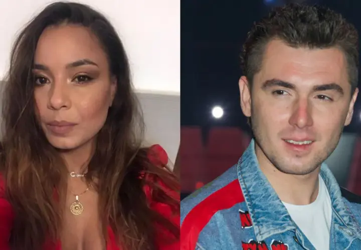 Kamil Bednarek z żoną, piękną kobietą w czerwonej bluzce i z naszyjnikiem.