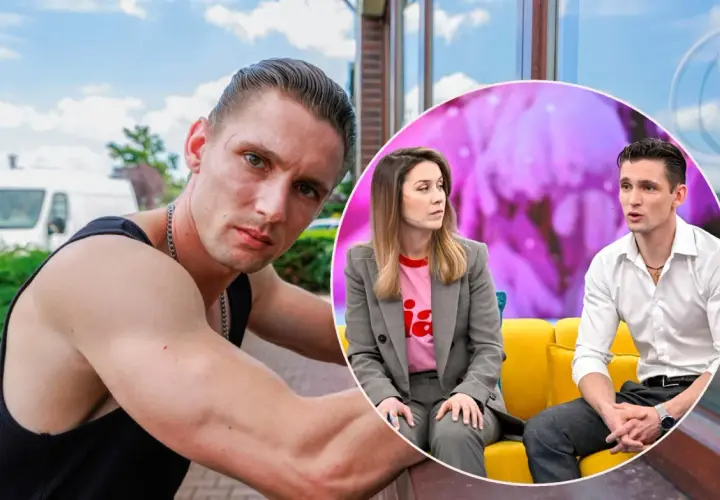 Filip Gurłacz w czerni i bieli, obok niego kobieta i mężczyzna w okrągłej ramce. Czy to jego rodzice?